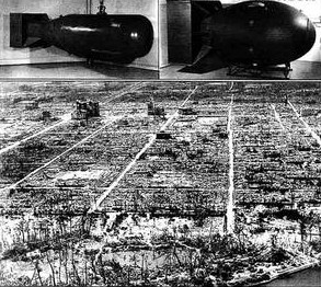 在日本投放的两枚原子弹(上图),原子弹爆炸后的广岛(下图)